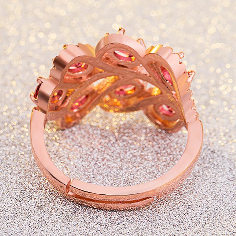 Изображение товара: Открытые регулируемые свадебные кольца в этническом стиле из розового золота для женщин, роскошные кольца с листьями, красными цветами, кубическим цирконием, кольцо для невесты