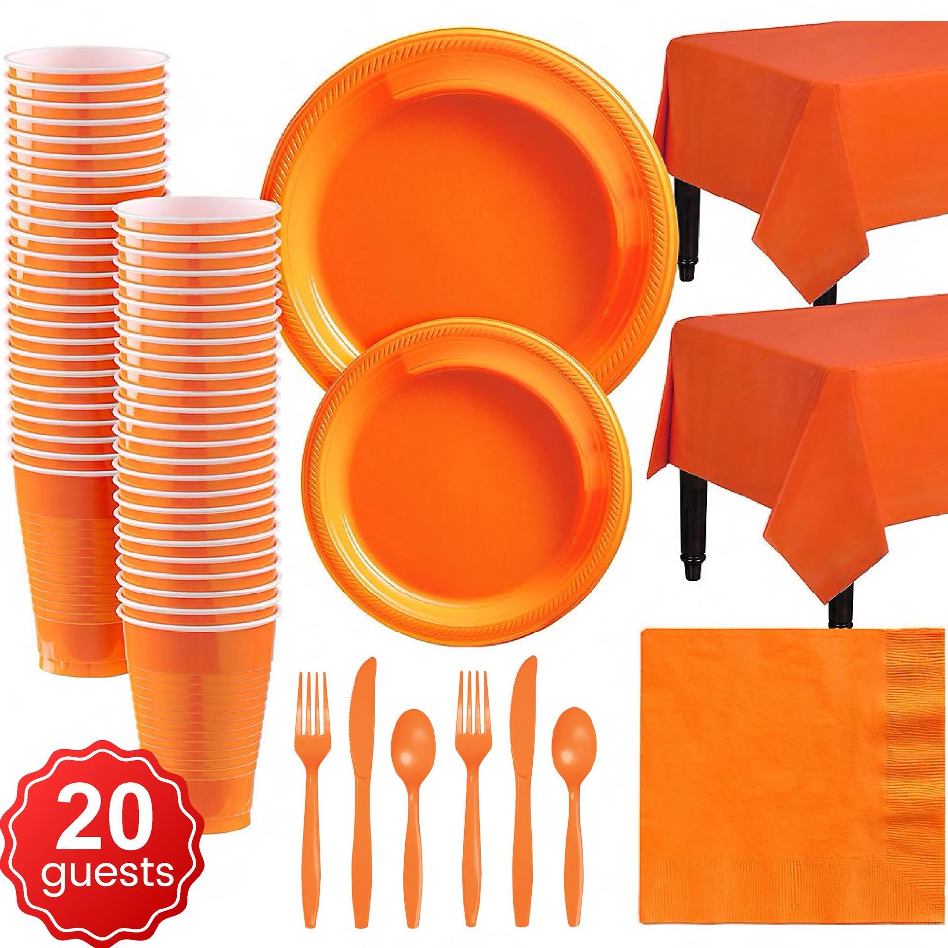 Изображение товара: 142 шт., одноцветные, для 20 человек, оранжевые, вечерние, одноразовые, пластиковые тарелки, чашки для дня рождения, вечерние, свадебные украшения, детский душ