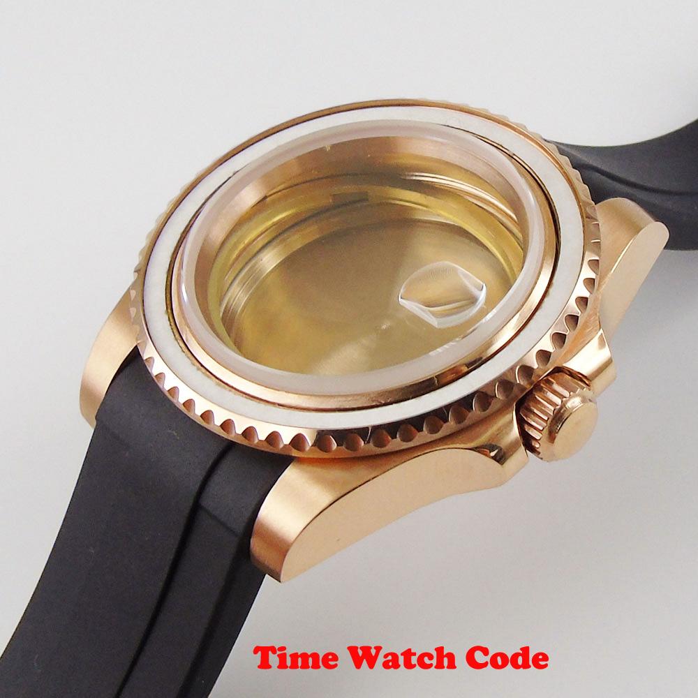 Изображение товара: 40mm men's Wristwatch Case parts with rubber strap fit for ETA 2836 Miyota 8215 golden sapphire glass date window without bezel