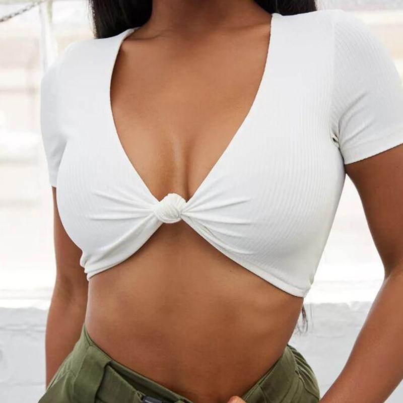 Изображение товара: Sexy White Deep V Neck Crop Wrap Knot Slim Fitted Top Solid T Shirt Women Summer Elegant 2020 Short Sleeve Tshirt Tops