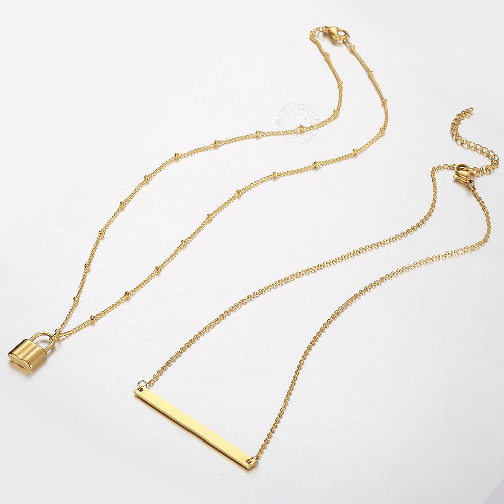 Изображение товара: ID бар замок кулон колье ожерелье для женщин 1,5 мм слоистых золотой цвет нержавеющая сталь звено цепи персонализированные ювелирные изделия LDNM33