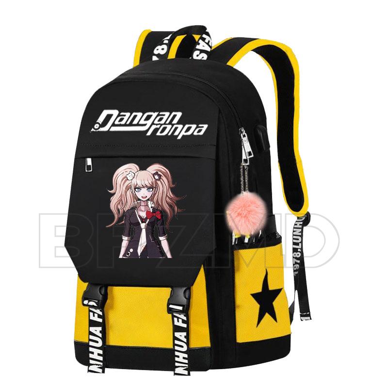 Изображение товара: Холщовый Рюкзак с цепочкой в стиле аниме Danganronpa Junko, для женщин, мужчин, с USB-зарядкой, для подростков, мальчиков, девочек, школьные сумки