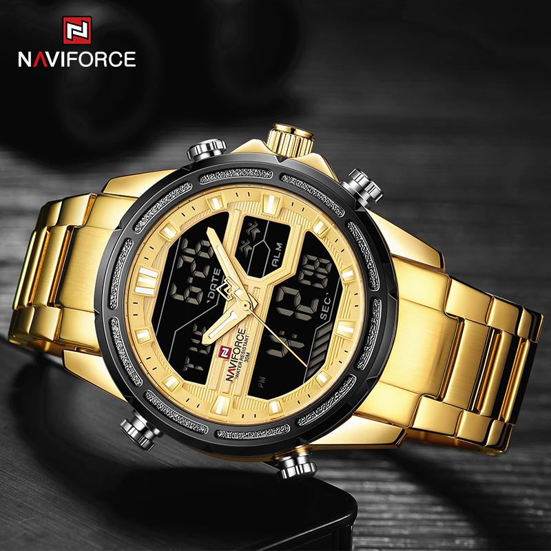Изображение товара: NAVIFORCE роскошные золотые мужские часы из нержавеющей стали, военные наручные часы, цифровые спортивные часы, мужские водонепроницаемые кварцевые часы с будильником