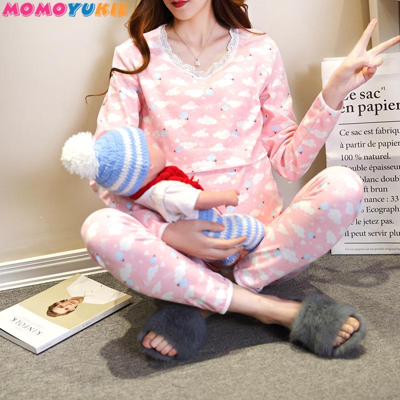 Изображение товара: Хлопковая одежда для беременных женщин, комплекты одежды для кормления, кружевная ночная рубашка для беременных, топы, брюки, костюмы для мам, пижамы для мамы, ночные рубашки
