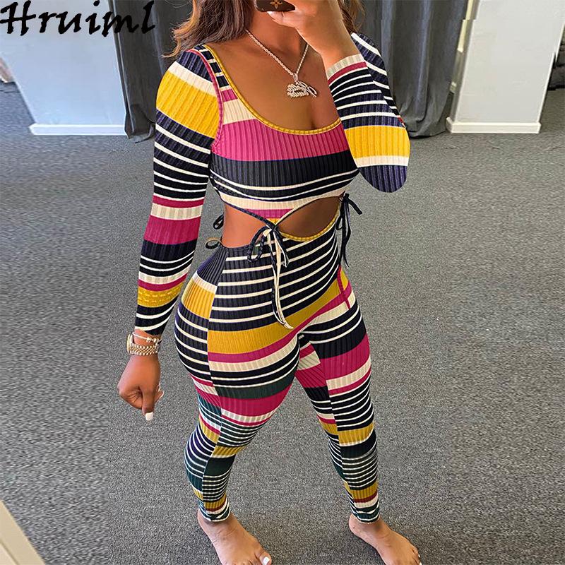 Изображение товара: Женский комплект из 2 предметов, Модный Цветной укороченный топ в полоску с длинными рукавами и брюки-карандаш, эротический клубный костюм