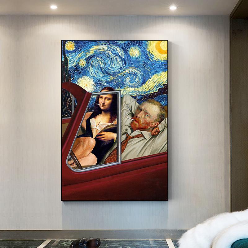 Изображение товара: Забавное искусство Мона Лиза Ван Гога курить в машине Картина на холсте плакат Звездная ночь настенные картины для декора гостиной