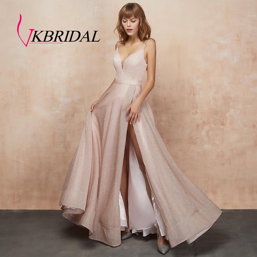 Изображение товара: VKbridal/платья для выпускного вечера с карманом и v-образным вырезом, блестящие трапециевидные Длинные платья для вечеринки для девочек, вечернее платье с высоким разрезом 2019 платье женское длинное вечернее