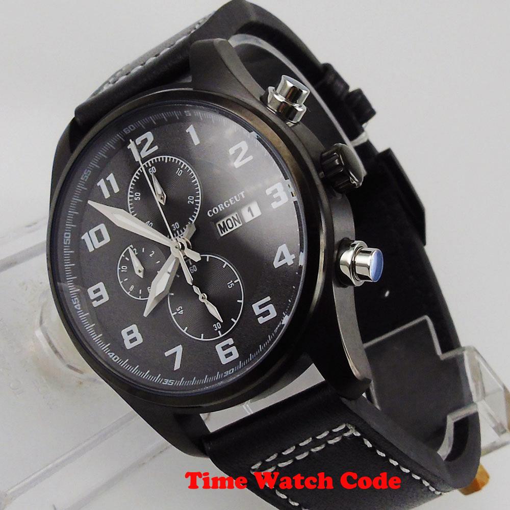 Изображение товара: Corgeut 42mm Quartz Men's Wristwatch Black PVD coated black Dial Chronograph Week Date display stop watch calendar leather strap