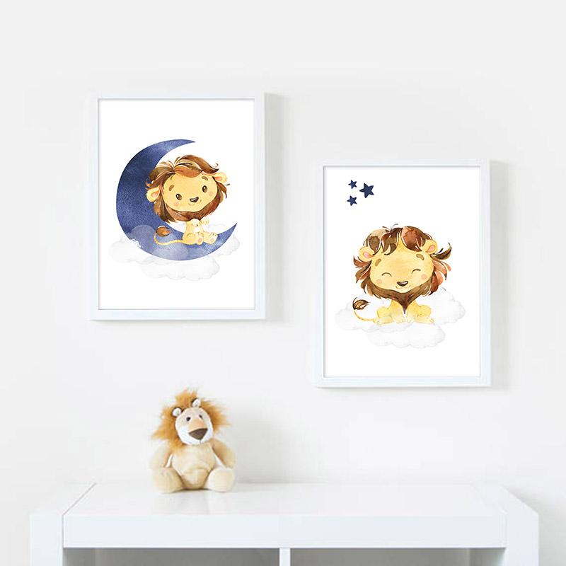 Изображение товара: Детский плакат, Настенная картина для детской комнаты, рисунок на холсте, мультяшное животное, Лев, луна, звезда, нордическая картина для украшения детской комнаты, мальчика, спальни