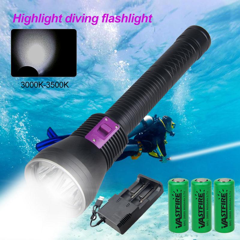 Изображение товара: 3 режима светодиодный фонарик для дайвинга светильник xxhp70. 2 белый/желтый свет подводный 100 м водонепроницаемый тактический фонарь лампа + зарядное устройство + аккумулятор 26650