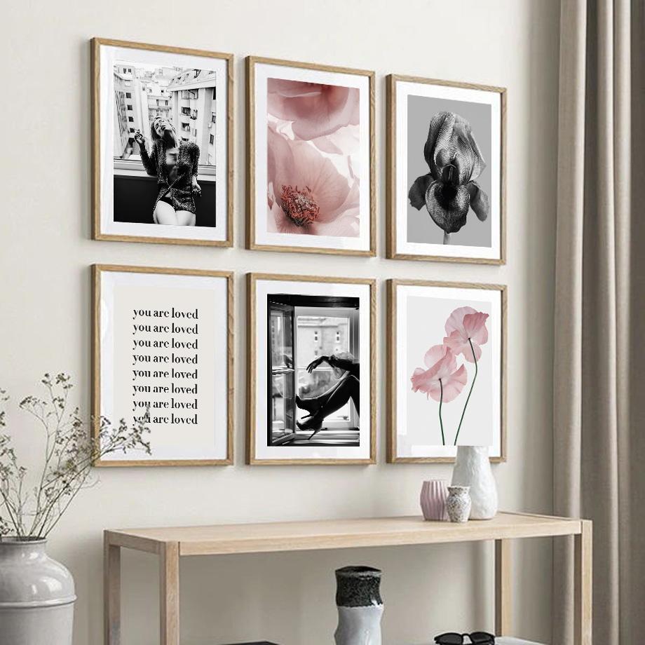 Изображение товара: Картина на холсте с изображением девушки, окна, розового цветка, цитаты, настенные картины в скандинавском стиле для гостиной, домашний декор