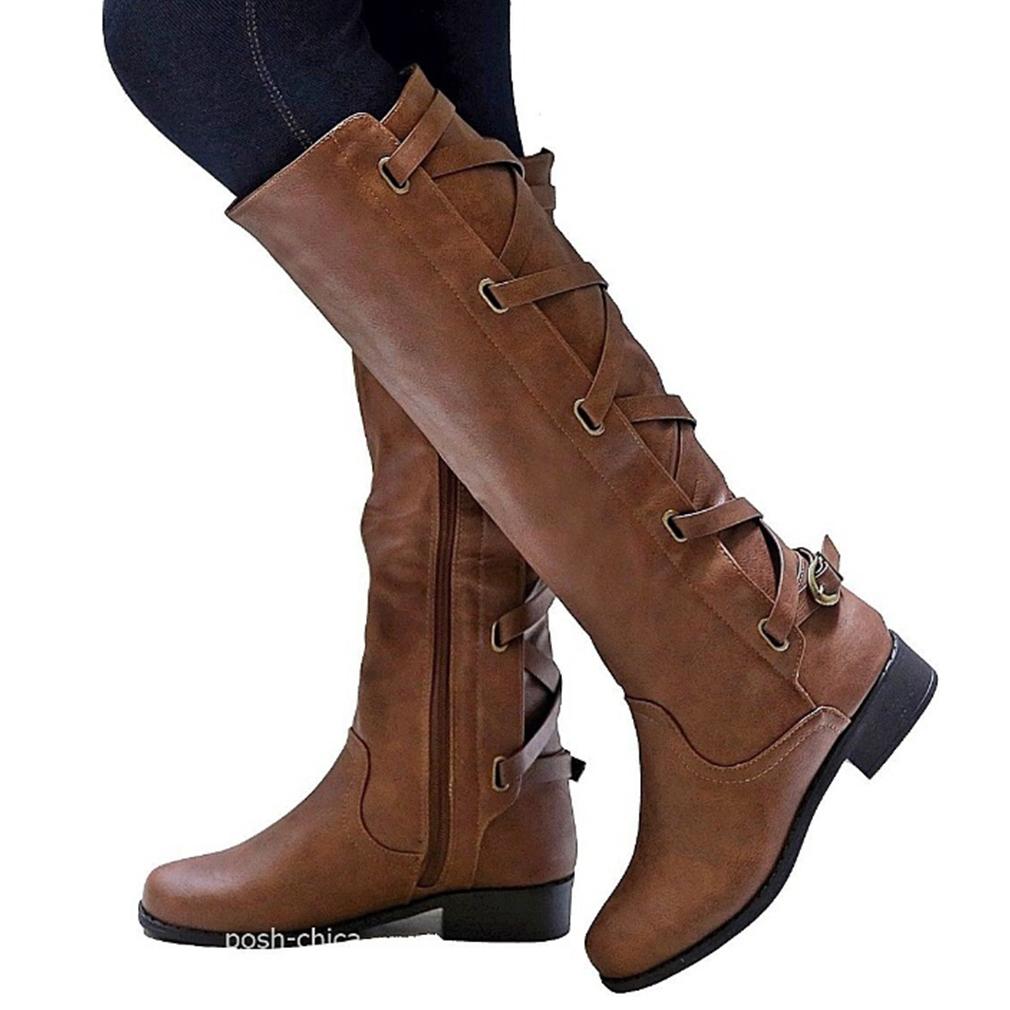 Изображение товара: Women Knee Boots Thick Heels Zipper Lace Up Women's Buckle Shoes Woman Fashion Boot Punk Female Plus Size Drop Shipping