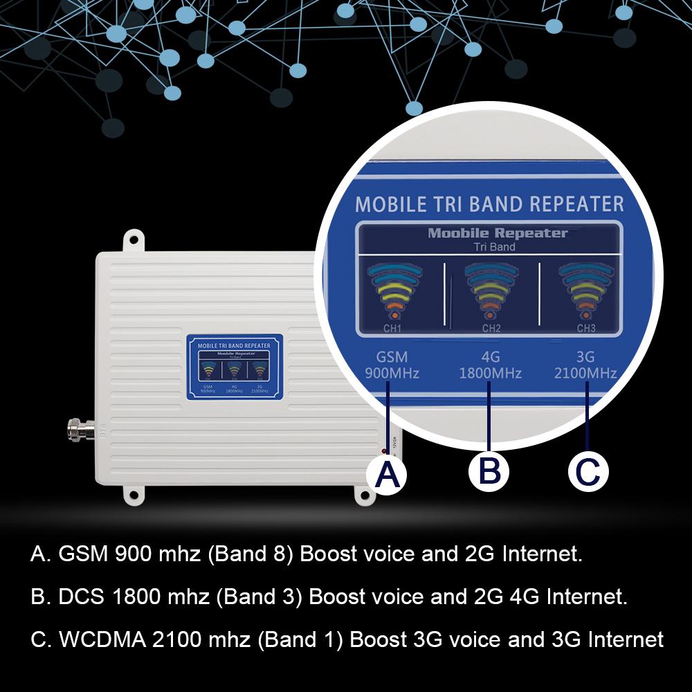 Изображение товара: Walokcon 2g 3g 4g трехполосный усилитель сигнала 900 1800 2100 GSM WCDMA UMTS LTE сотовый ретранслятор 900/1800/2100 МГц мобильный усилитель