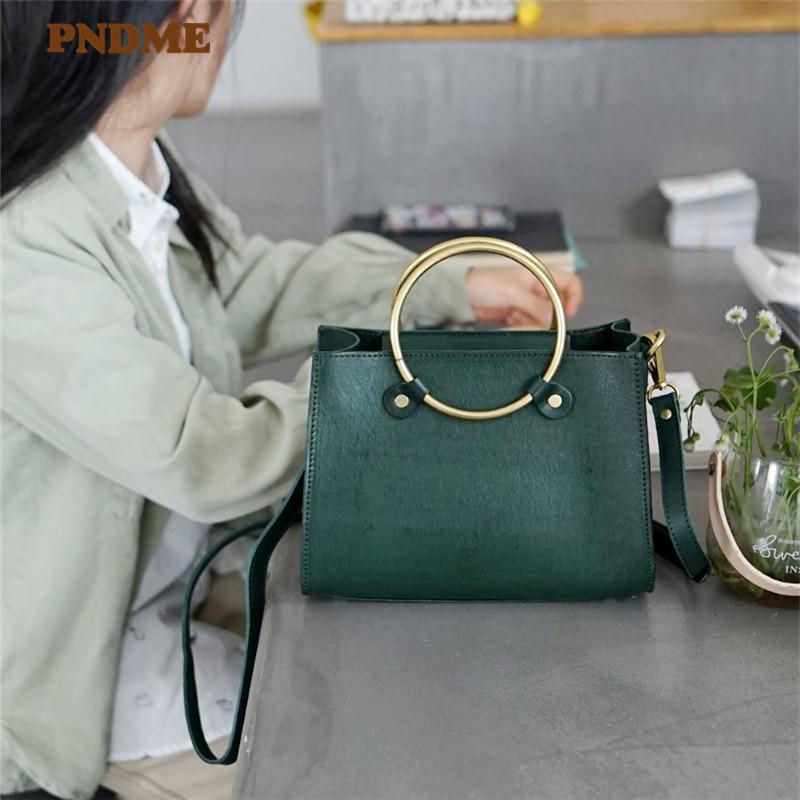 Изображение товара: PNDME модная роскошная женская сумка из натуральной кожи, повседневный дизайн, металлическая ручка, Натуральная Воловья кожа, женская сумка через плечо