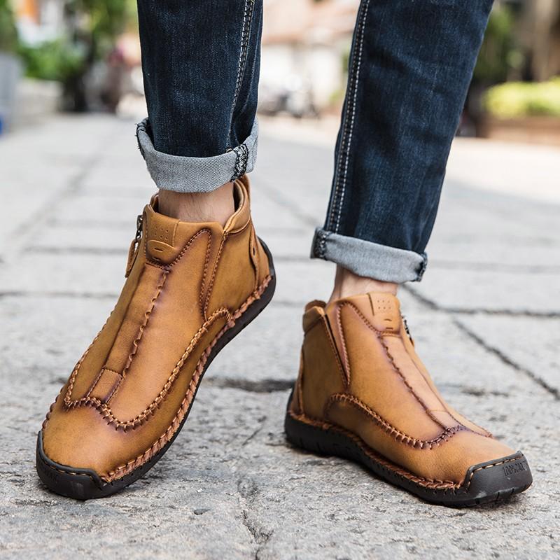 Изображение товара: Весенне-осенние кожаные мужские короткие сапоги туфли на шнуровке на плоской подошве Мужские дышащие уличные повседневные туфли мужские ботинки ручной работы