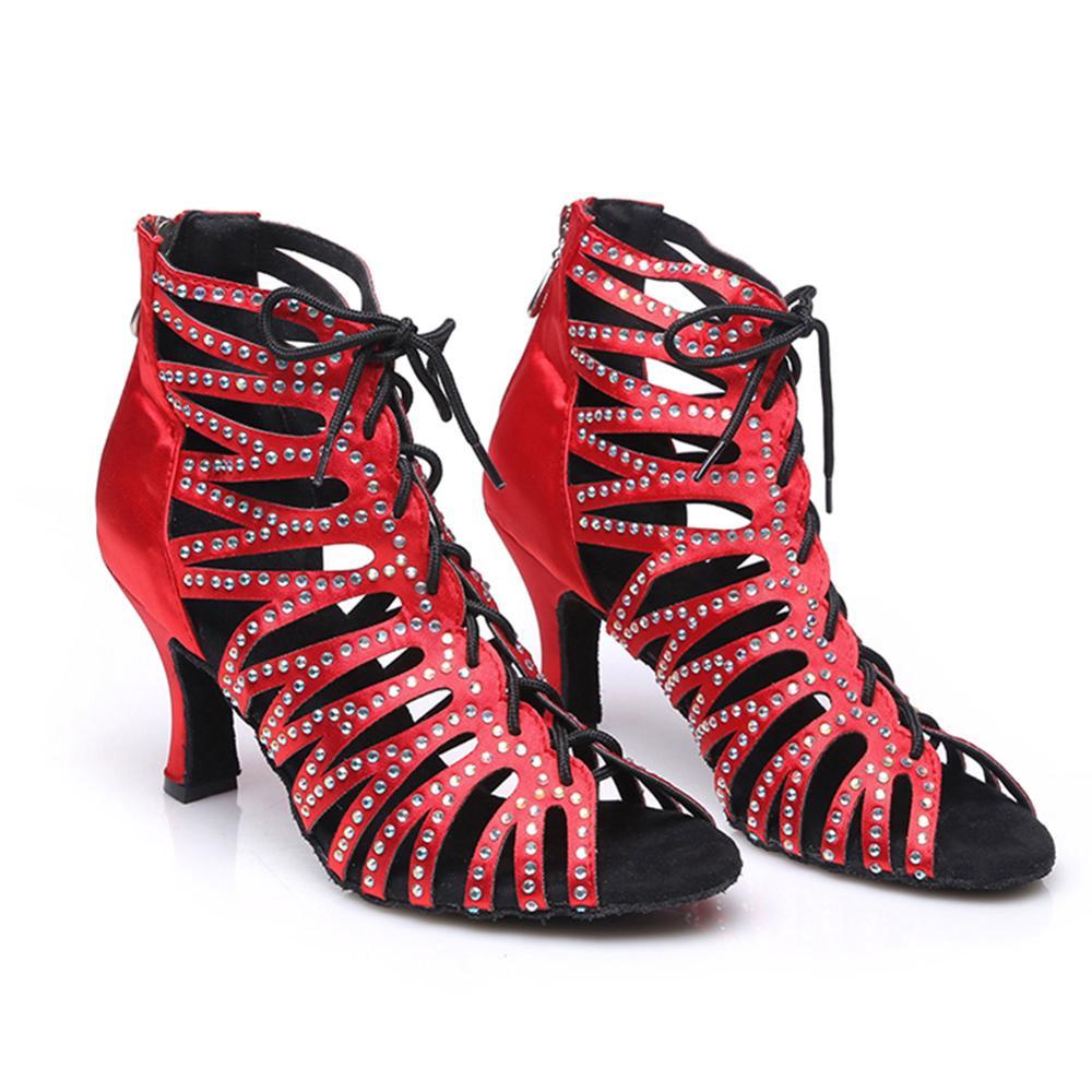 Изображение товара: DKZSYIM/Женская обувь для латинских танцев золотистого цвета; Сатиновые и стразы; Обувь для сальсы с регулируемым подъемом; Обувь для танцев на шнуровке; Мягкая подошва на молнии; 2020