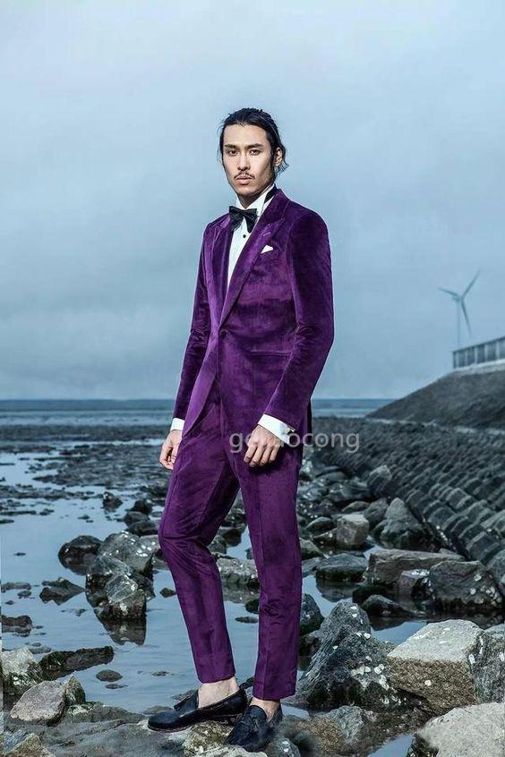 Изображение товара: Мужской фиолетовый бархатный комплект из 2 предметов (пиджак и брюки) смокинг для жениха на заказ свадебное банкетное платье/шлифовальные костюмы большого размера
