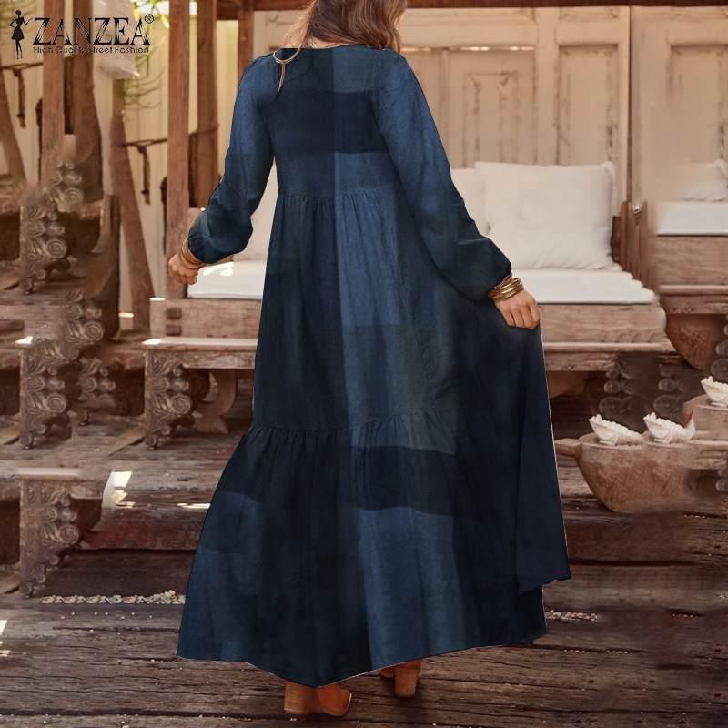 Изображение товара: Элегантное женское платье-рубашка макси ZANZEA с длинным рукавом Vestidos осеннее винтажное женское платье в клетку модное платье