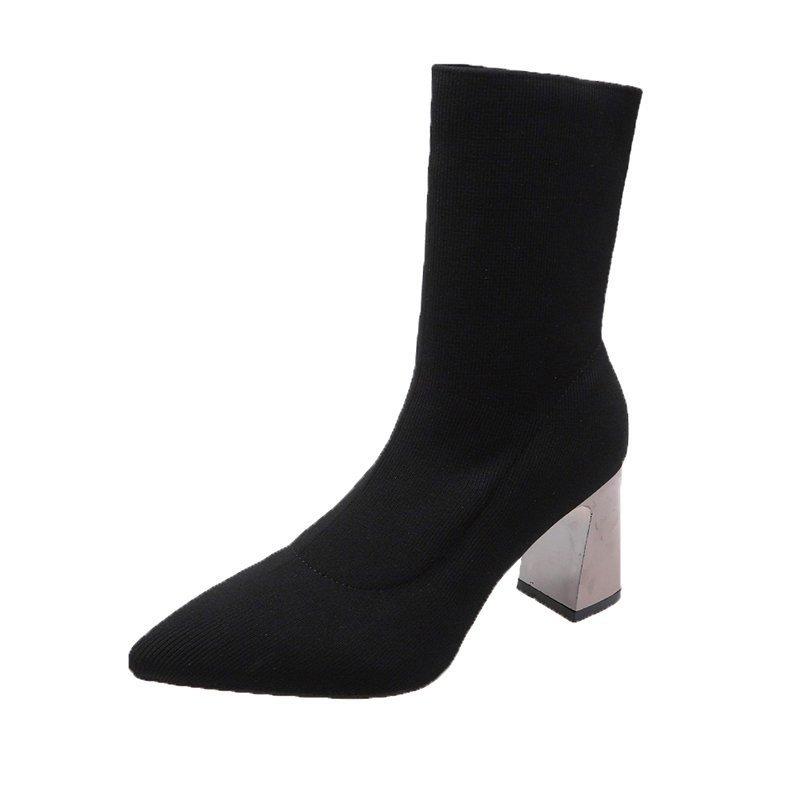 Изображение товара: Женские привлекательные ботинки-носки на высоком каблуке, сезон осень-зима, модные вязаные эластичные ботинки, женские черные ботильоны-носки