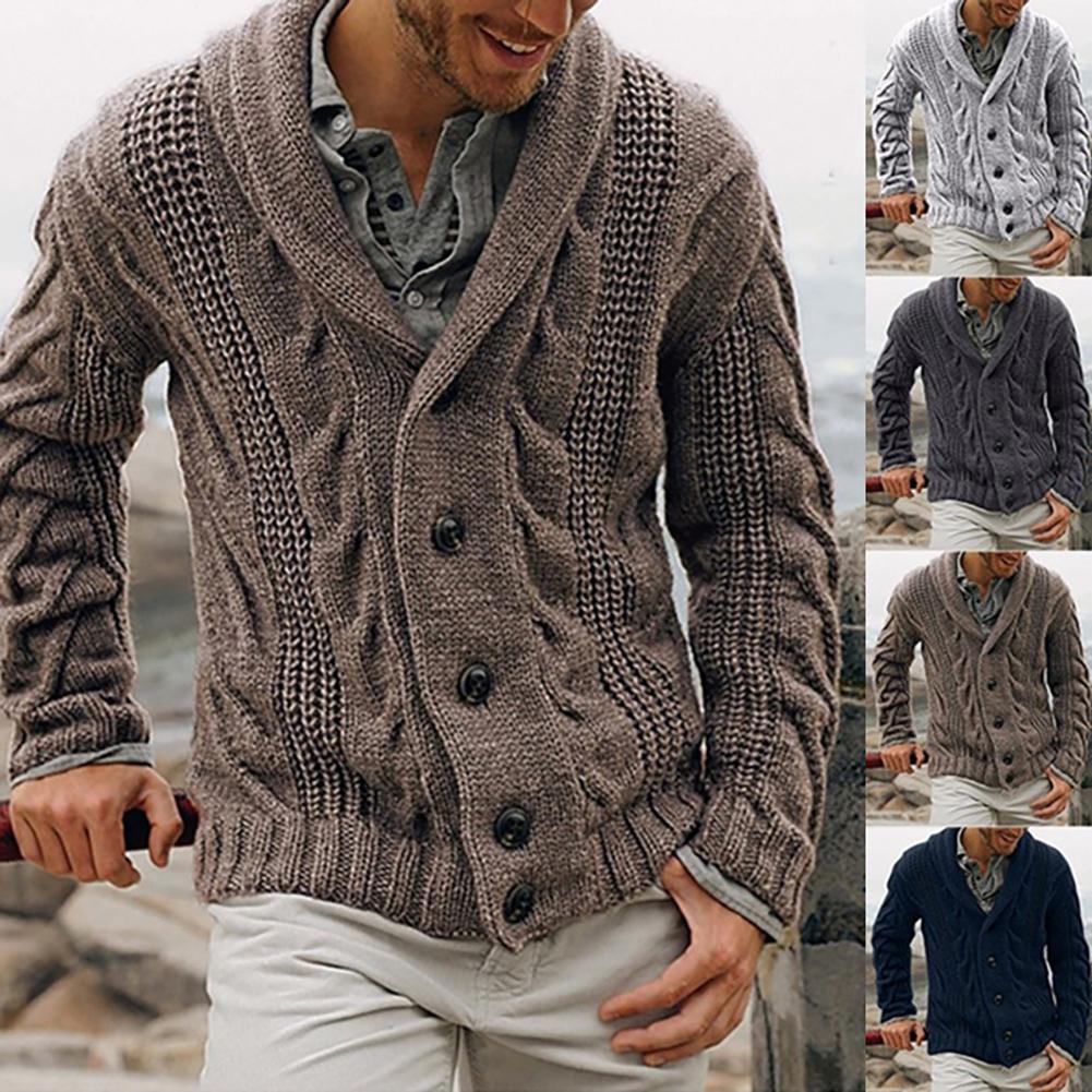 Изображение товара: Мужской вязаный свитер, однотонный, теплый жакет, Повседневный Кардиган, Осень-зима кардиган с пуговицами
