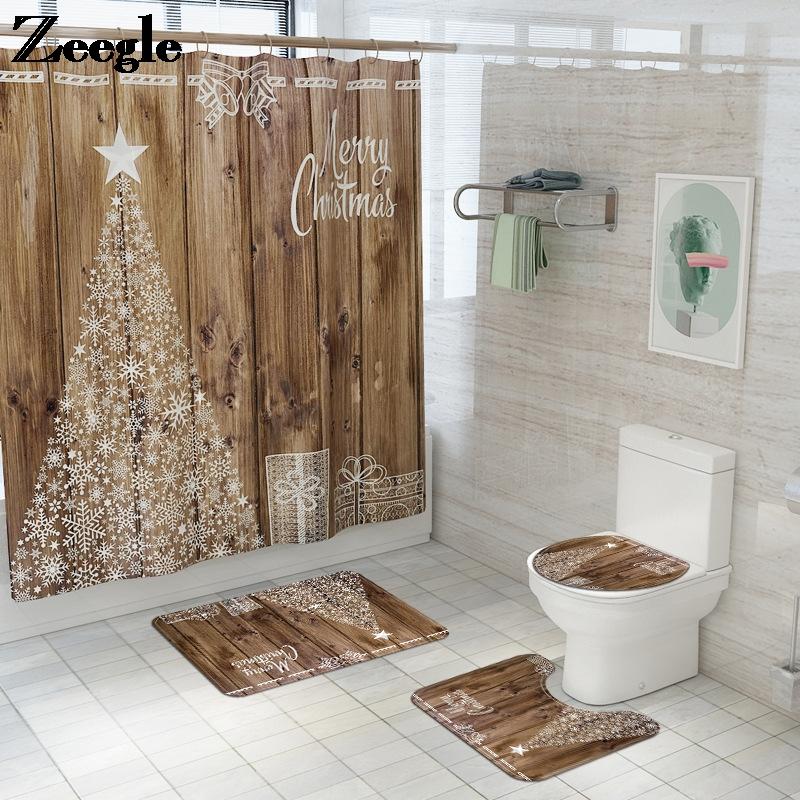 Изображение товара: Рождественский коврик для ванной и занавеска для душа, фланелевый коврик для ванной комнаты, Впитывающий Коврик для ванной, набор ковриков для туалета, нескользящий коврик для ванной