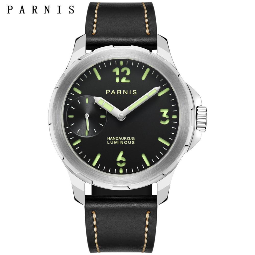 Изображение товара: Повседневные мужские часы 44 мм Parnis с ручным заводом, черный циферблат, нержавеющая сталь, механические мужские часы heren horloge 2019, роскошные часы