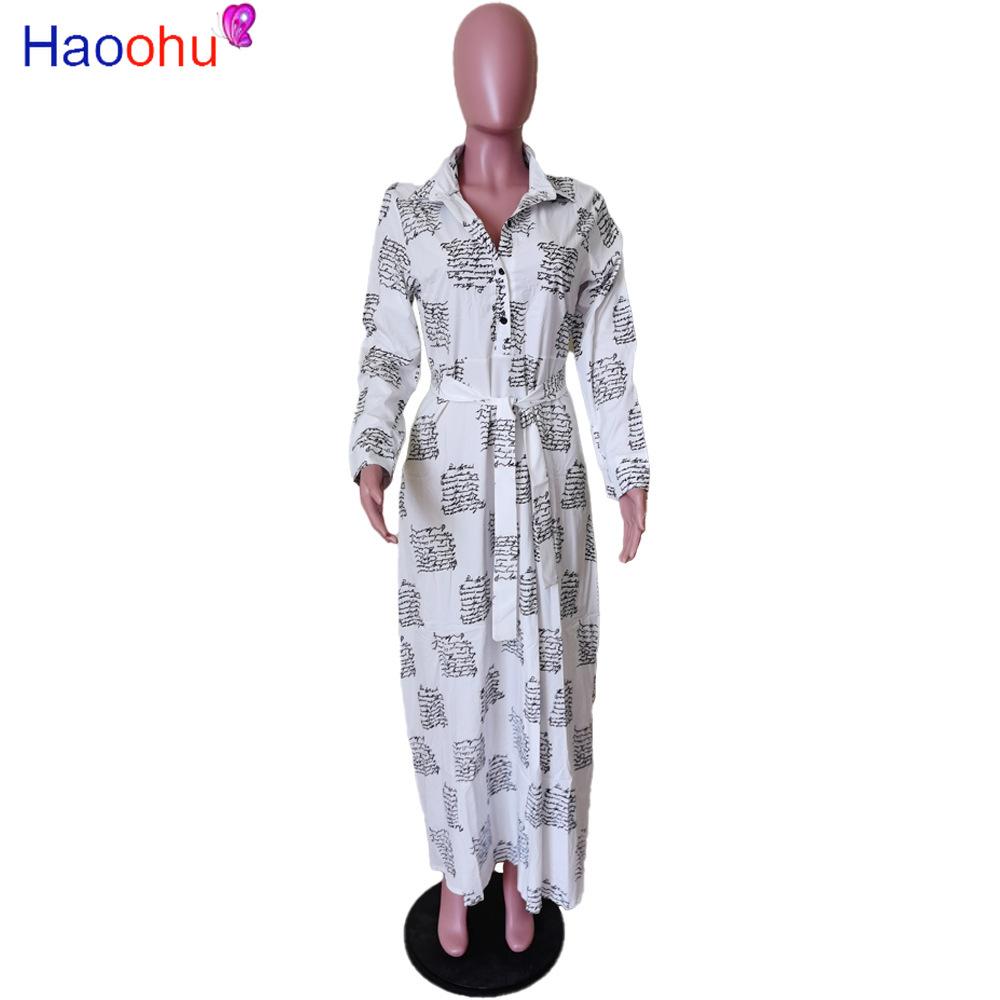 Изображение товара: Осенне-зимние камуфляжные Длинные платья HAOOHU, женское облегающее Платье макси с длинным рукавом, Повседневное платье с отложным воротником и пуговицами, 2021