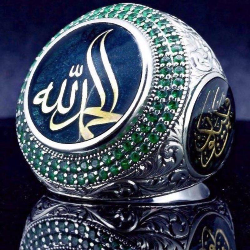 Изображение товара: Новинка кольцо с зеленым кристаллом инкрустированное мужское кольцо мусульманская Руна удачный камень металлическое посеребренное кольцо аксессуары ювелирные изделия