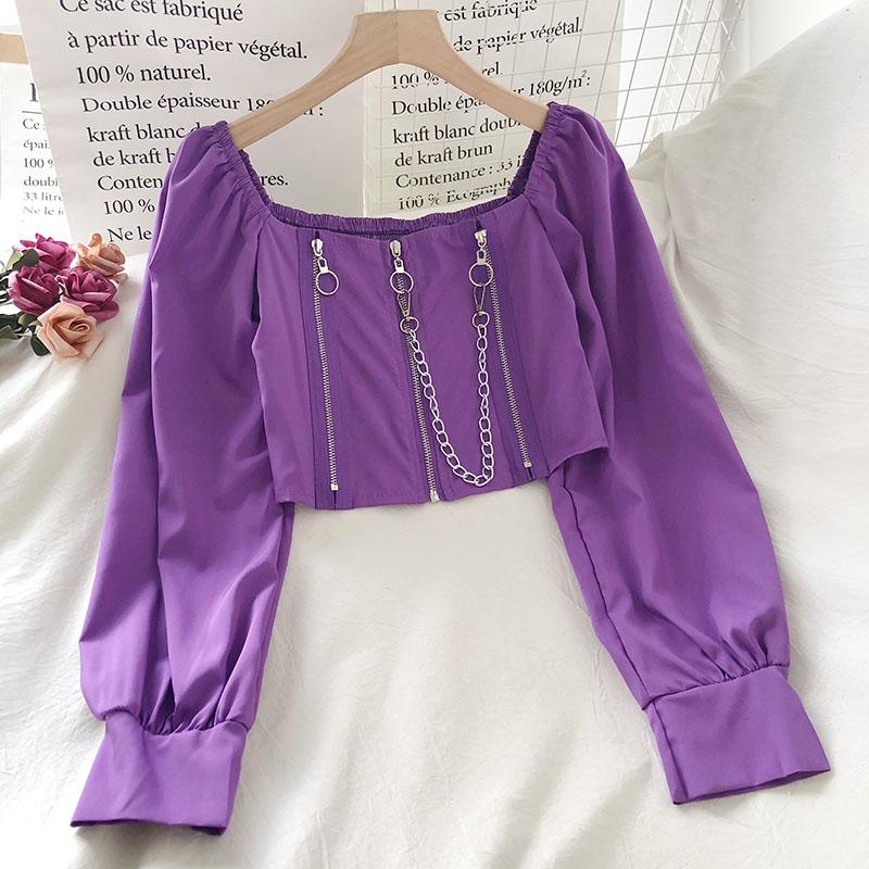 Изображение товара: Женская блузка в стиле ретро с цепочкой на молнии с квадратным вырезом и длинным рукавом