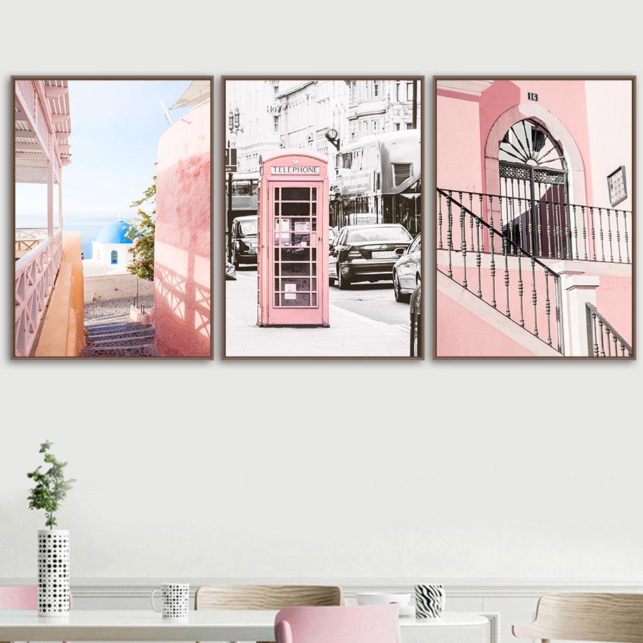 Изображение товара: Автомобиль океан Розовый телефонная будка маленький город настенная Картина на холсте скандинавские плакаты и принты настенные картины для гостиной Декор