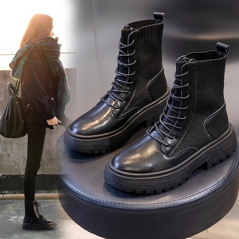 Изображение товара: 2020 ботильоны; Женская обувь на плоской платформе; Модные удобные повседневные женские полусапожки из натуральной кожи с круглым носком на шнуровке