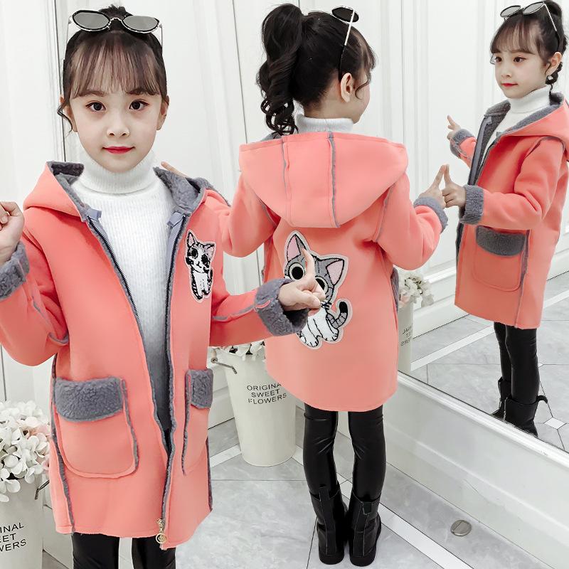Изображение товара: Зимняя утепленная куртка для маленьких девочек, длинное пальто с капюшоном с котенком, детская одежда, одежда для девочек от 8 до 12 лет, 2020
