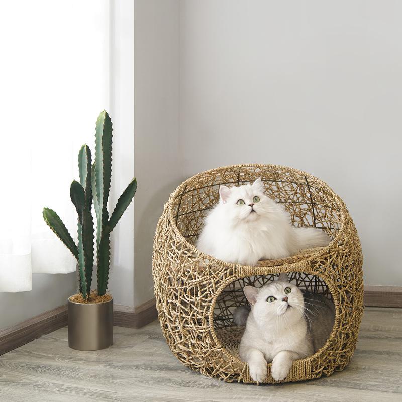 Изображение товара: Гнездо для кошек из ротанга, зимняя теплая вилла для кошек, всесезонный Универсальный домик для кошек, внутренние двухслойные принадлежности для кошек