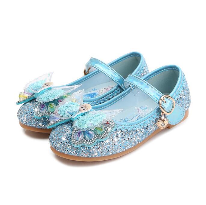 Изображение товара: Детские сандалии принцессы Эльзы, блестящие кожаные туфли для девочек, модные туфли на плоской подошве с бантом для свадебного платья, детские банкетные сандалии