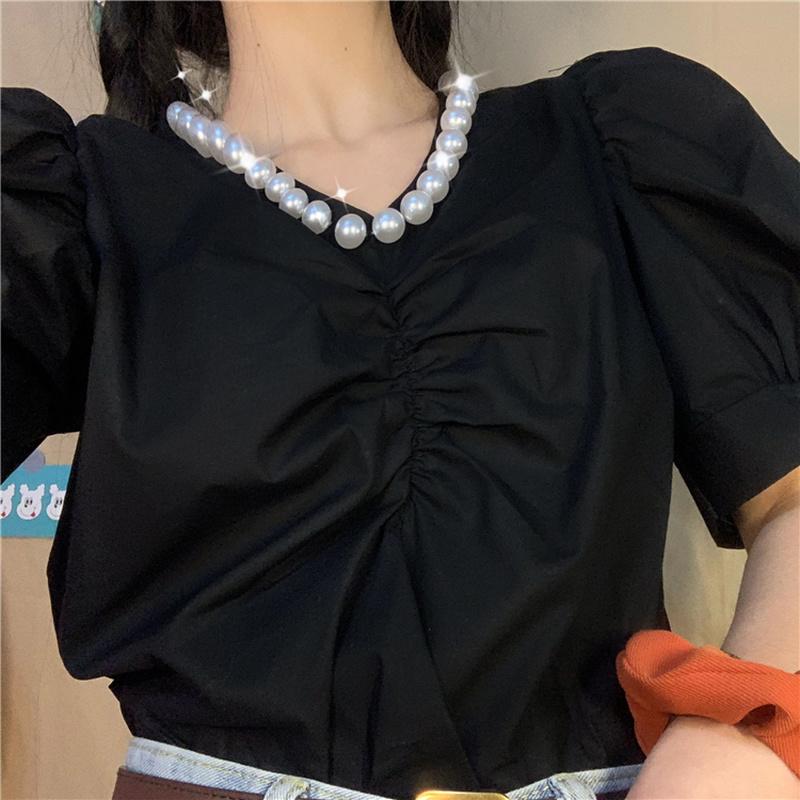 Изображение товара: Блузка женская плиссированная с V-образным вырезом и буффами на рукавах