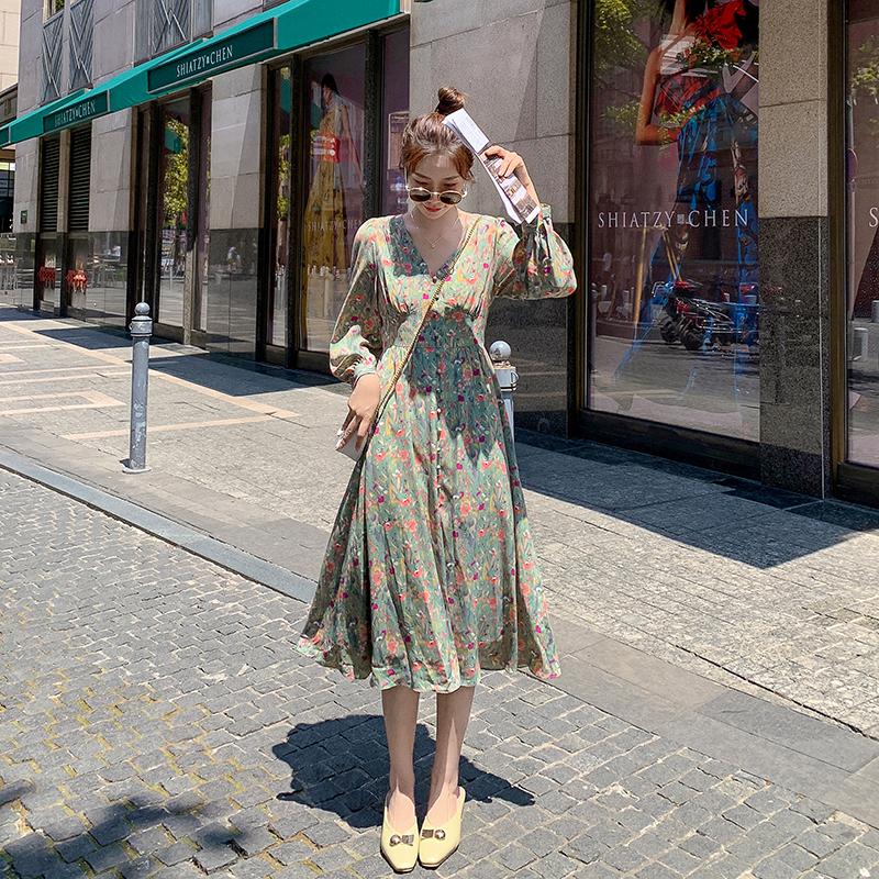 Изображение товара: Новинка сезона весна-осень 2020, женское сексуальное платье LUKAXSIKAX с V-образным вырезом и рукавами-фонариками, высококачественное винтажное платье, элегантное тонкое Цветочное платье