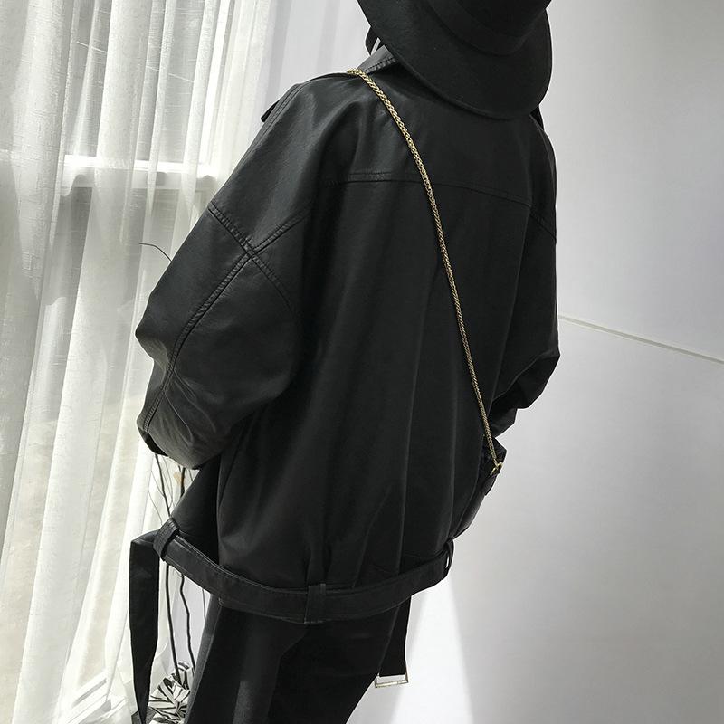Изображение товара: High Quality 2020 Autumn Black PU Leather Jacket Loose Turn-Down Collar Zipper Fashion Oversize Women's Tops Coat Outwear Female