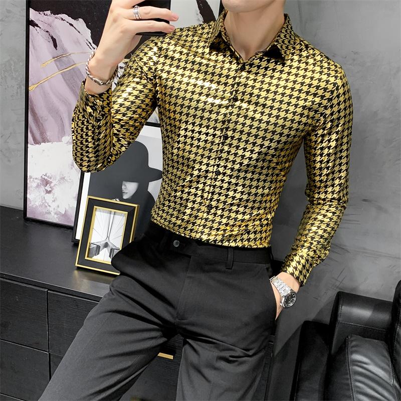 Изображение товара: Рубашка 3XL-M мужская с длинным рукавом, универсальная блузка с цифровым принтом, облегающая Повседневная офисная одежда, золотистая/серебристая, 2020
