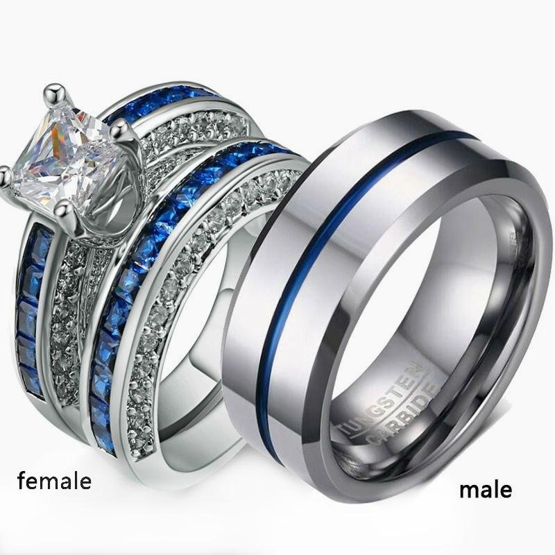 Изображение товара: High Quality Metal Men Ring White Gold Filled Princess Cut Shiny Zircon Inlaid Women Wedding Ring Set