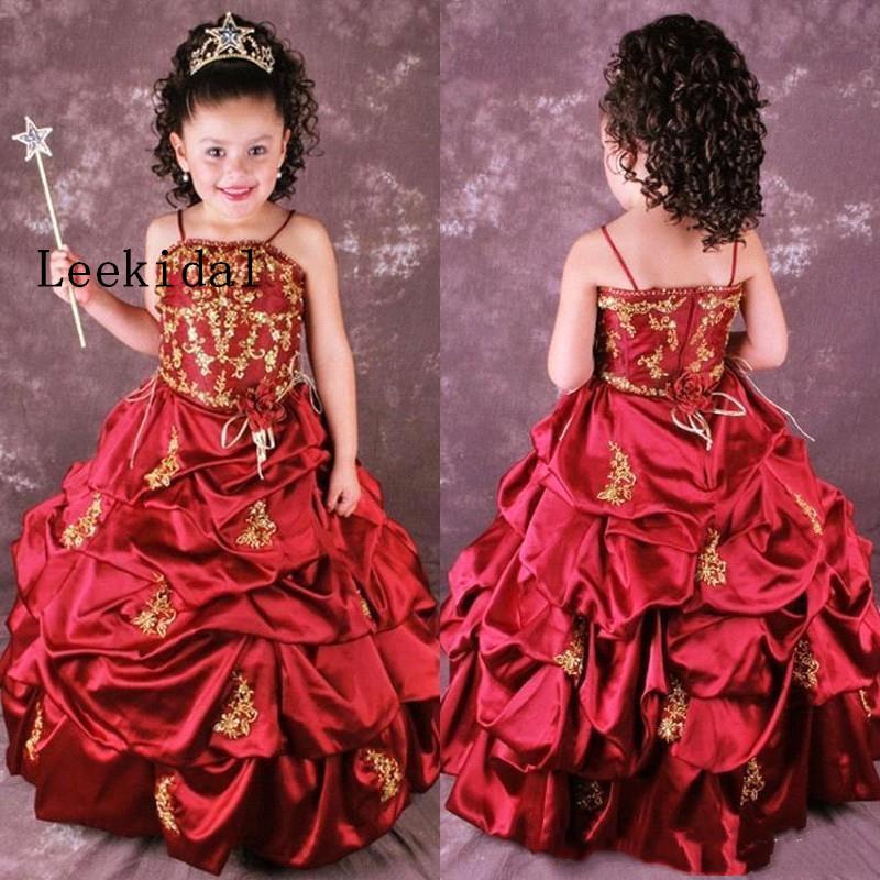 Изображение товара: Милые красные, золотые платья для девочек с цветочной вышивкой; Длинные платья с оборками и аппликацией для свадебной вечеринки; Пышные платья для девочек на заказ