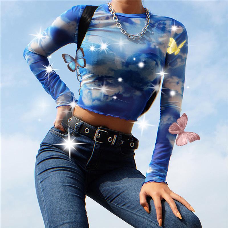 Изображение товара: Сексуальная Женская футболка прозрачные сетчатые Топы с длинным рукавом Тонкая Женская водолазка футболка 2020 Новая женская футболка