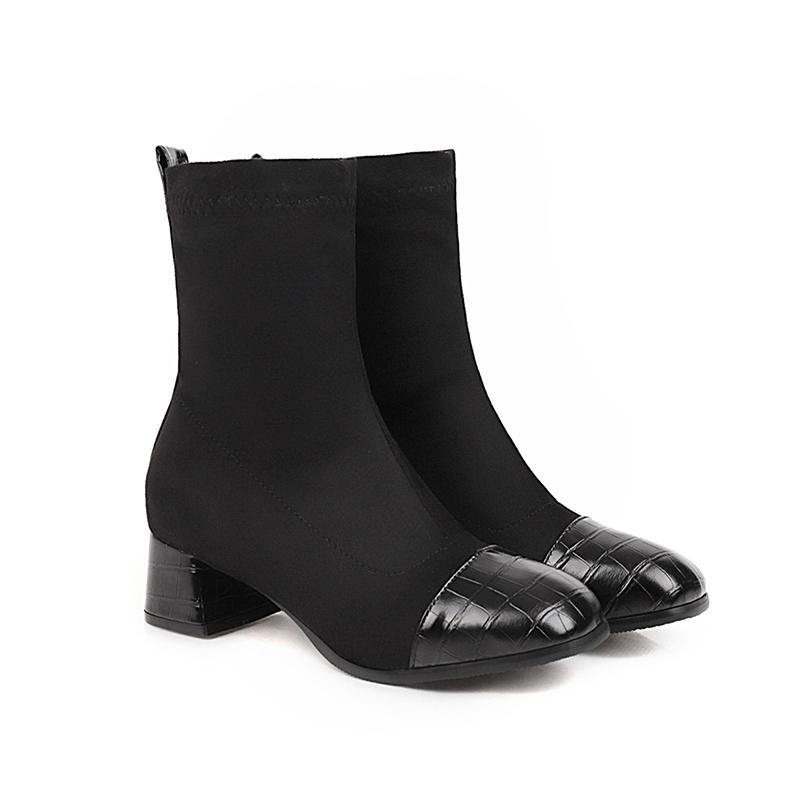 Изображение товара: Повседневные стильные удобные флоковые ботильоны с круглым носком, модные эластичные клетчатые ботинки средней толщины для верховой езды, женская обувь большого размера