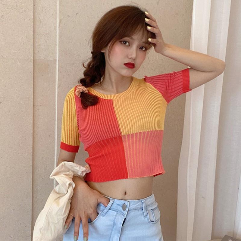 Изображение товара: Женская трикотажная футболка, летние милые цветные топы с коротким рукавом, облегающие повседневные футболки с круглым вырезом в Корейском стиле