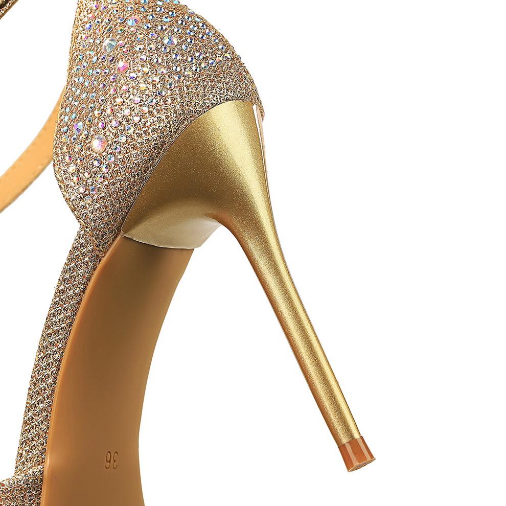Изображение товара: 2022 сексуальные женские босоножки на высоком каблуке 10 см, размер 40, свадебные босоножки, стразы, блестящие каблуки, фетиш, золотые туфли-лодочки с кристаллами