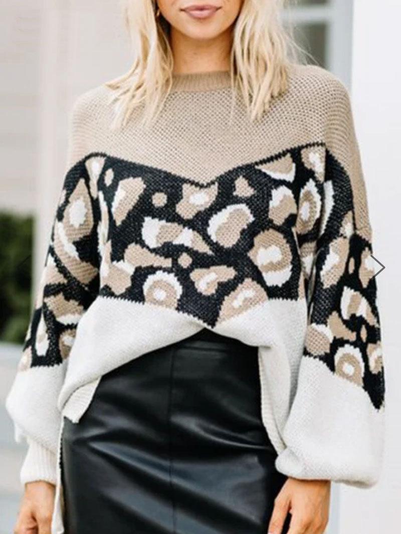 Изображение товара: Женский трикотажный свитер с леопардовым принтом, с длинным рукавом и круглым вырезом