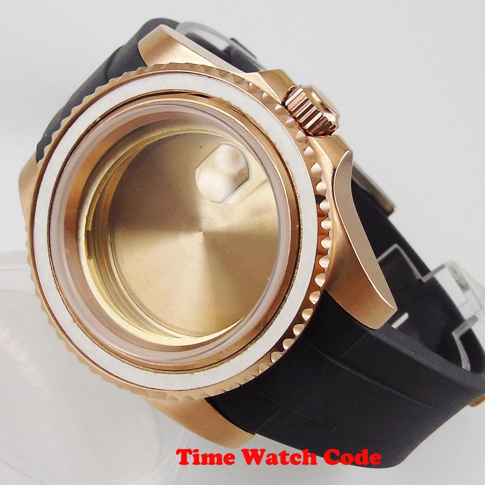 Изображение товара: 40mm men's Wristwatch Case parts with rubber strap fit for ETA 2836 Miyota 8215 golden sapphire glass date window without bezel