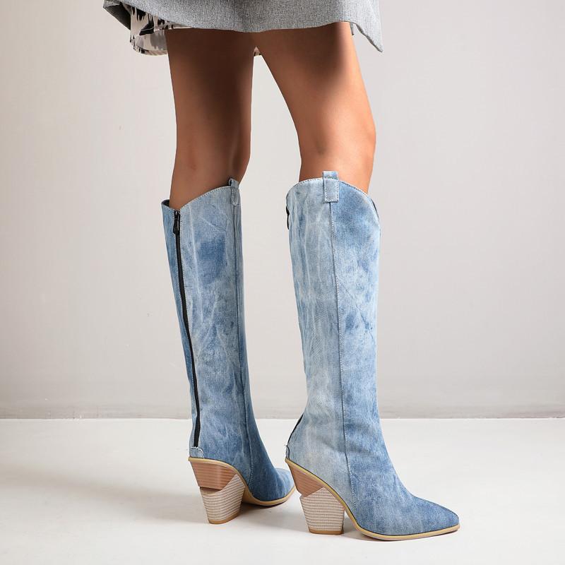Изображение товара: ESRFIYFE 2020 новые женские сапоги до колена ковбойские сапоги в западном стиле для женщин длинные зимние сапоги на молнии с острым носком Сапоги на танкетке