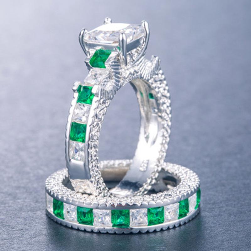 Изображение товара: Milangirl двойное зеленое синее квадратное кольцо с фианитом в родиевых обручальных лентах AAA циркониевые ювелирные изделия женские аксессуары обручальное кольцо
