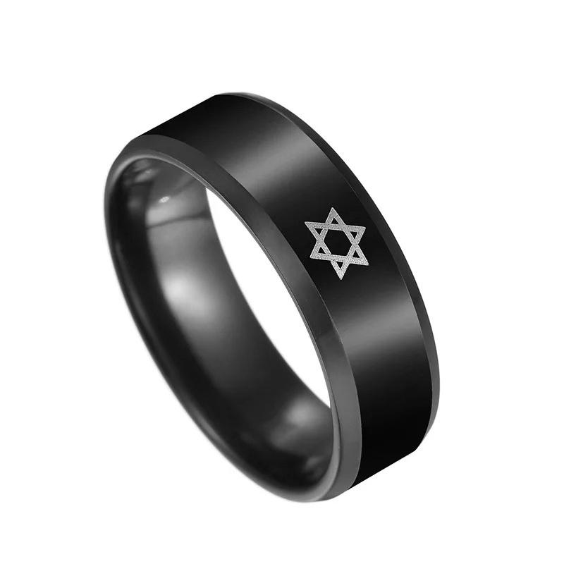Изображение товара: Мужское кольцо в стиле хип-хоп 8 мм, кольцо из нержавеющей стали с черной звездой Давида, мужской религиозный иудаизм, еврейский браслет из Израиля, свадебные украшения