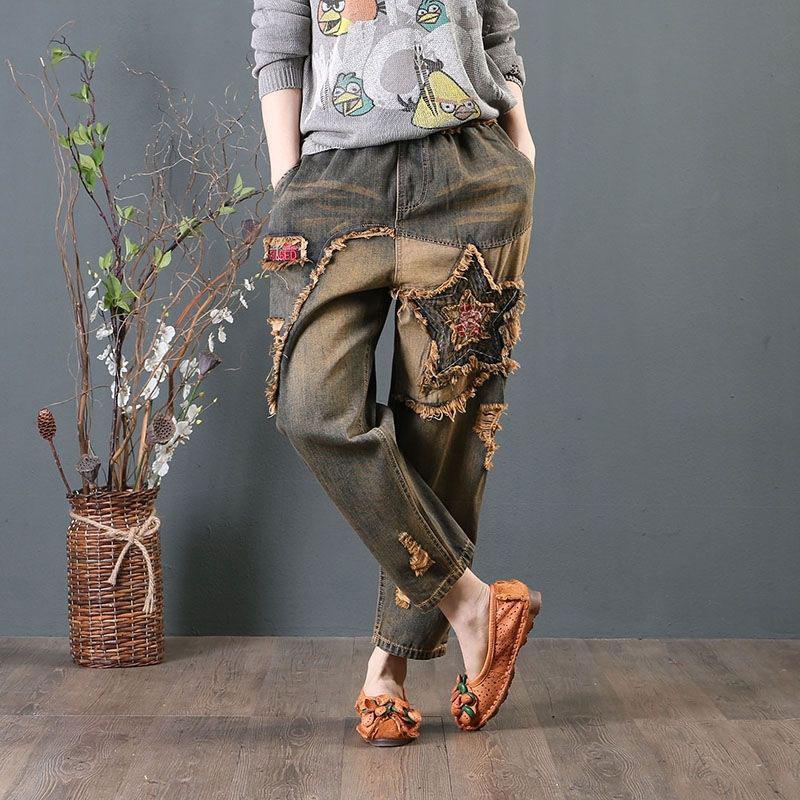 Изображение товара: Джинсы женские с вышивкой, винтажные рваные брюки-султанки из денима с дырками, хлопковые брюки-султанки средней длины с эластичным поясом, D97, на весну
